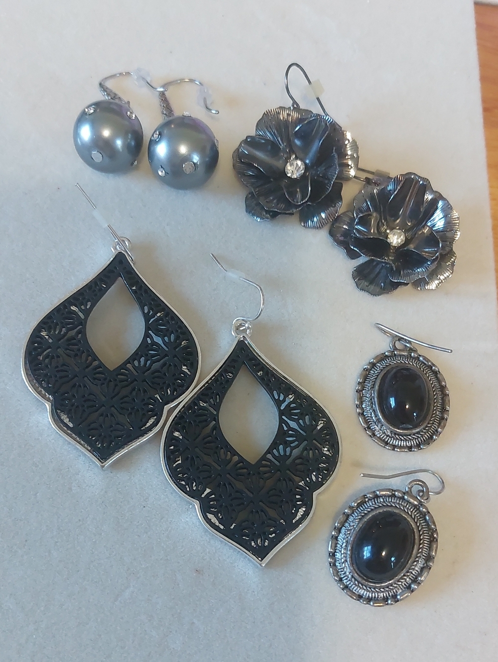 Gothic Boho Black & Silver Earring Bundle - Filigree, Floral, & Faux Pearl